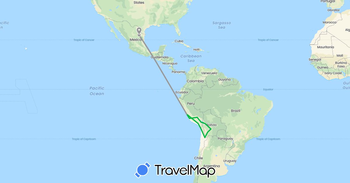 TravelMap itinerary: driving, bus, plane in Bolivia, Chile, Mexico, Peru (North America, South America)
